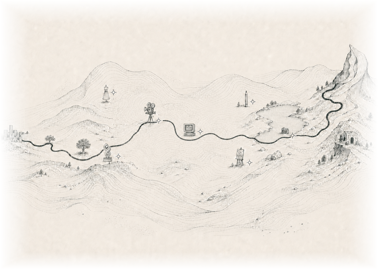 An imaginary storybook landscape threaded by a dark path, with seven drawn landmarks for Leeloo Boublil's practices